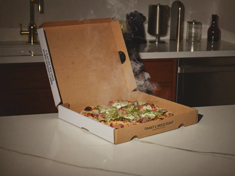 Pizza im geöffneten, unbedruckten Karton auf einer Küchenarbeitsfläche