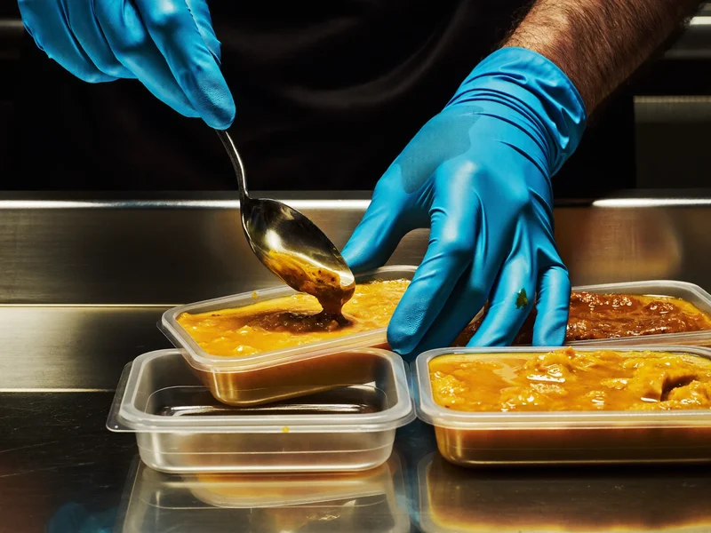 Hände mit Handschuhen portionieren Curry in Behälter an der Edelstahl-Station