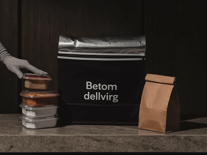 Isolierte Transporttasche wird mit verschlossenen Behältern und Papiertüten gepackt